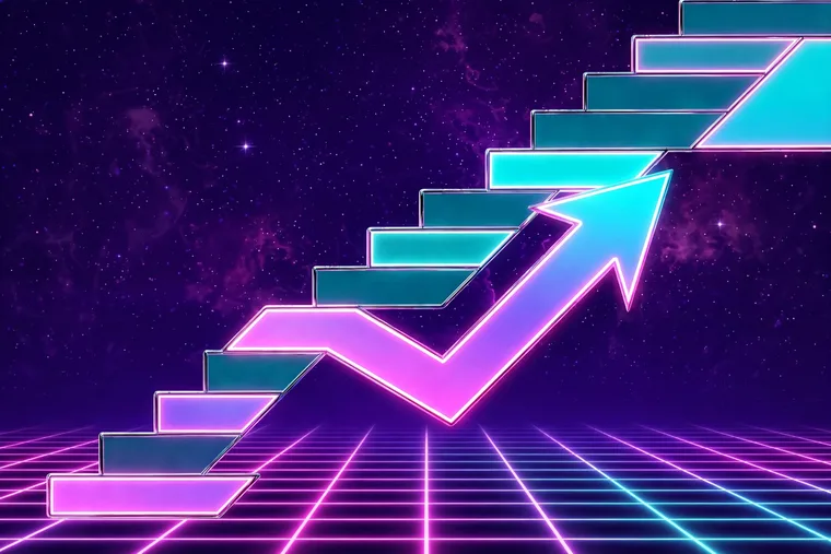 Vaporwave illustration of rising neon steps with a forward arrow climbing toward a striped retro sun, in pink, purple and cyan