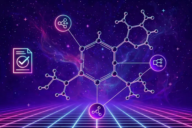 Vaporwave illustration of a molecular structure ringed by three connected agent nodes, with an audited document bearing a checkmark, in neon pink and cyan