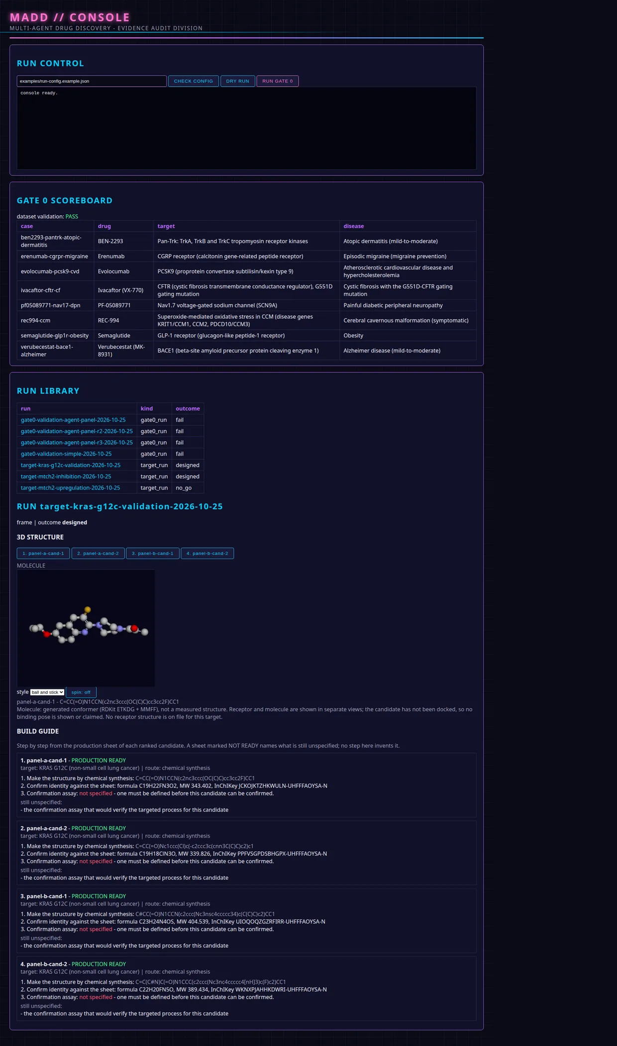 The MADD Console open on the KRAS G12C target run: the run library, the candidate molecule in the 3D viewer, and the build guide with four ranked candidates