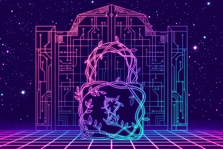 Vaporwave illustration of a padlock formed from vines standing before a gate drawn as circuit traces, in neon pink and cyan