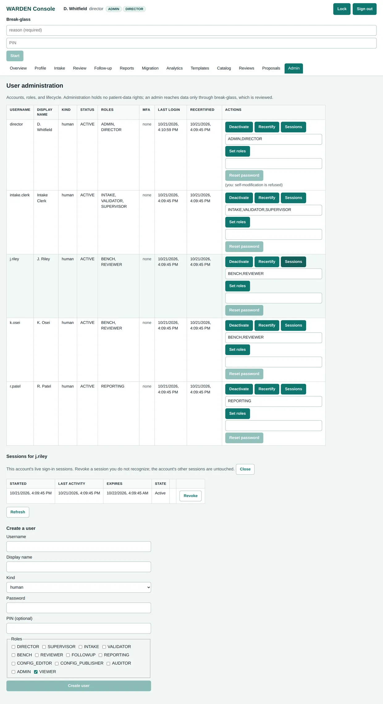 WARDEN admin screen with one sample user's live sessions panel open and a revoke button for each session
