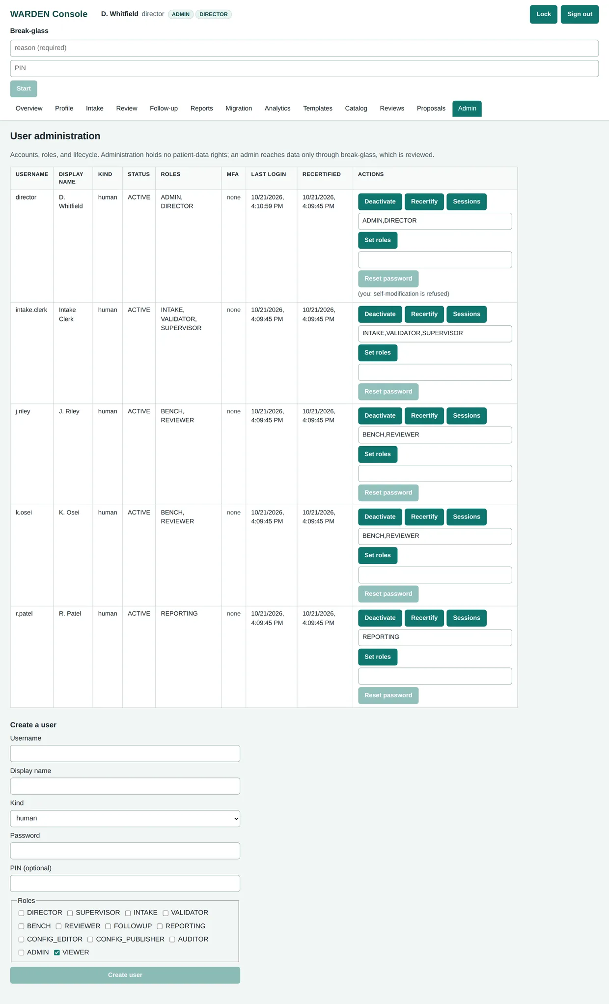 WARDEN user administration screen listing the sample accounts with their roles, status, and per-account actions