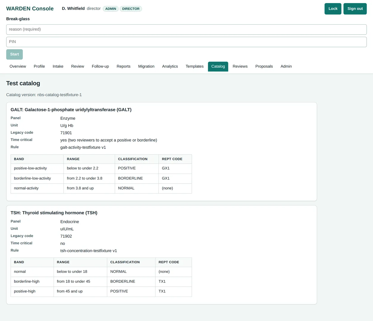 WARDEN test catalog screen showing two sample tests with their value bands, classifications, and report codes
