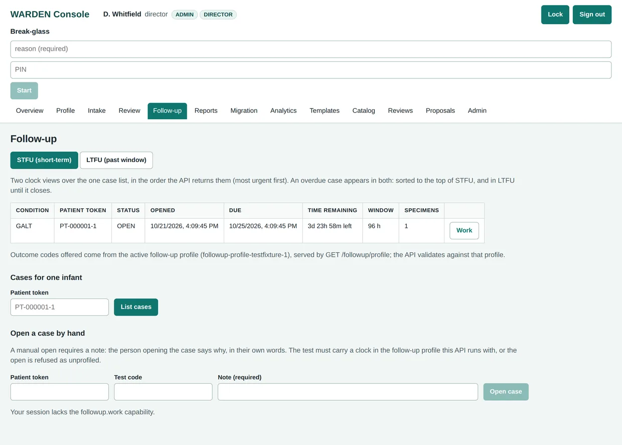 WARDEN follow-up screen showing one open GALT case on the short-term follow-up queue