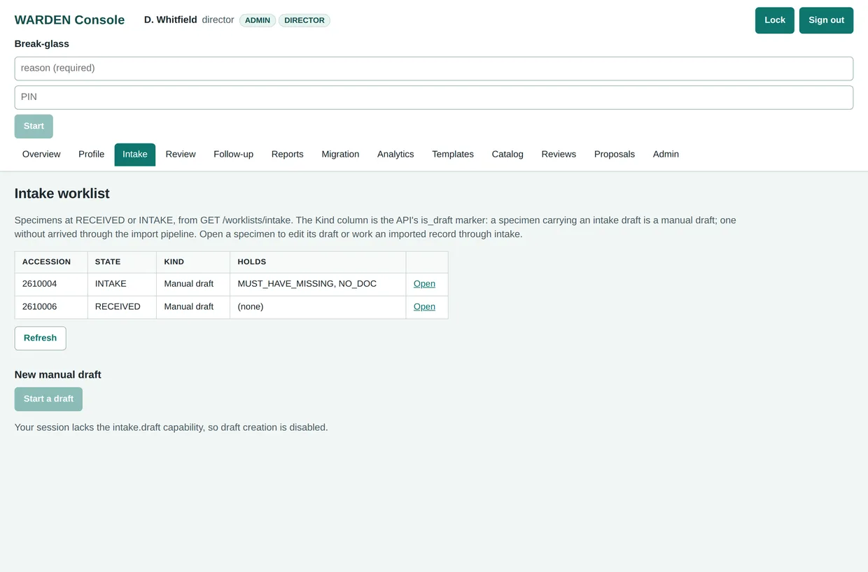 WARDEN intake worklist showing two sample specimens, one held with MUST_HAVE_MISSING and NO_DOC holds named