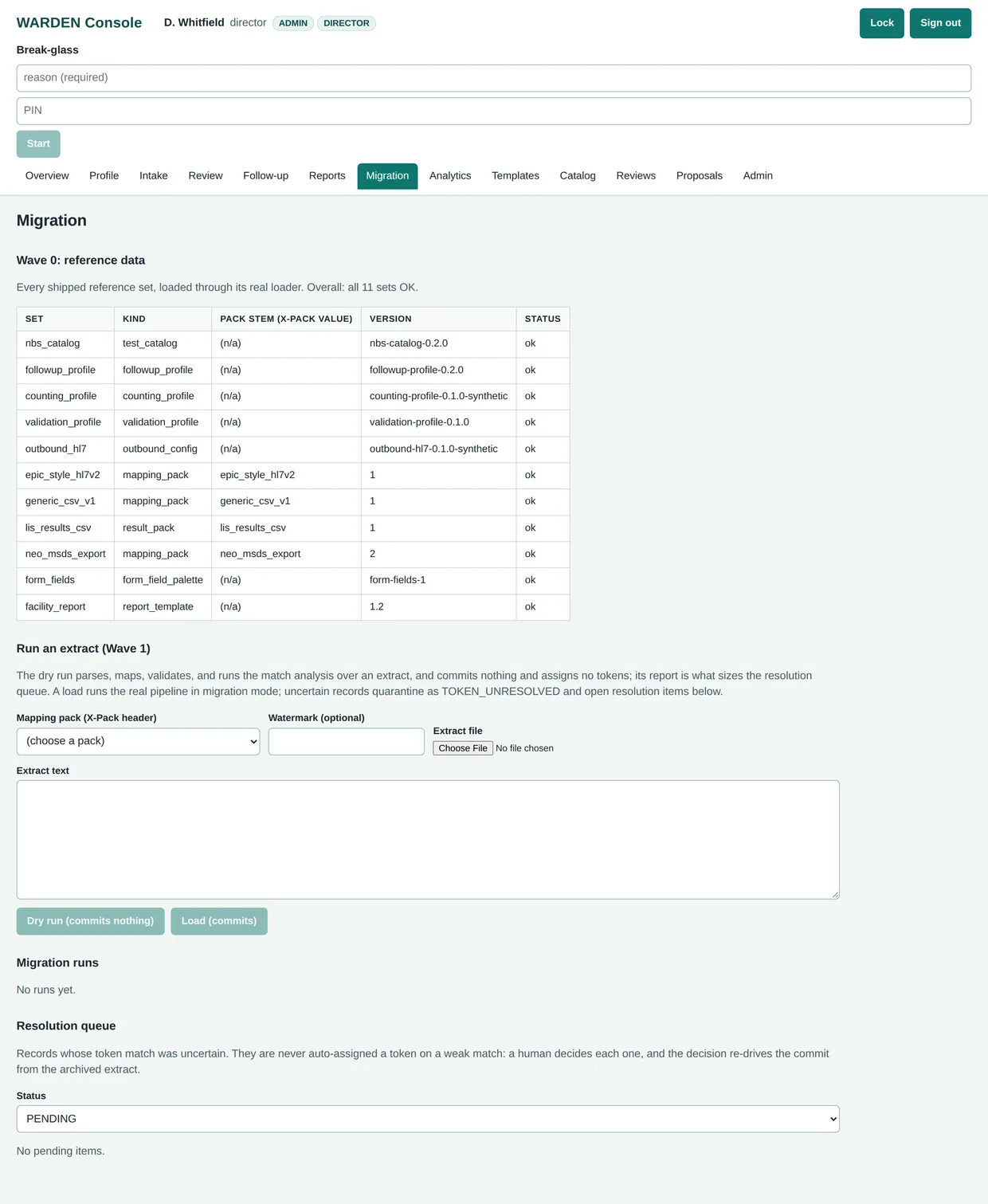 WARDEN migration screen listing the shipped reference sets with versions and OK status, plus the extract dry run and load controls