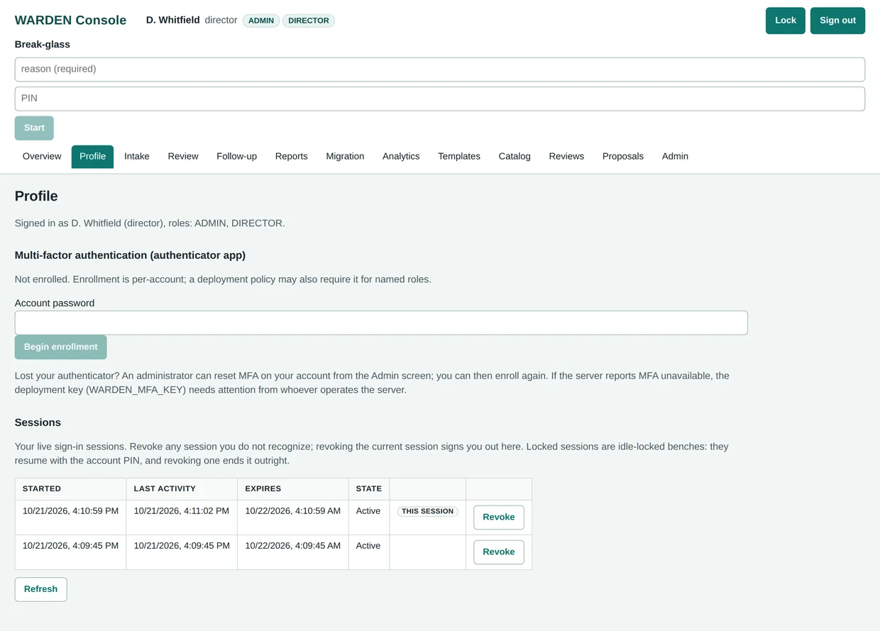 WARDEN profile screen showing authenticator-app MFA enrollment and the account's live sessions with revoke buttons