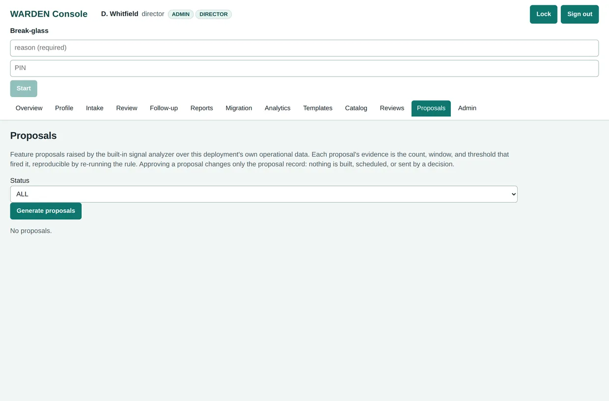 WARDEN proposals screen explaining the built-in signal analyzer that raises feature proposals from operational data