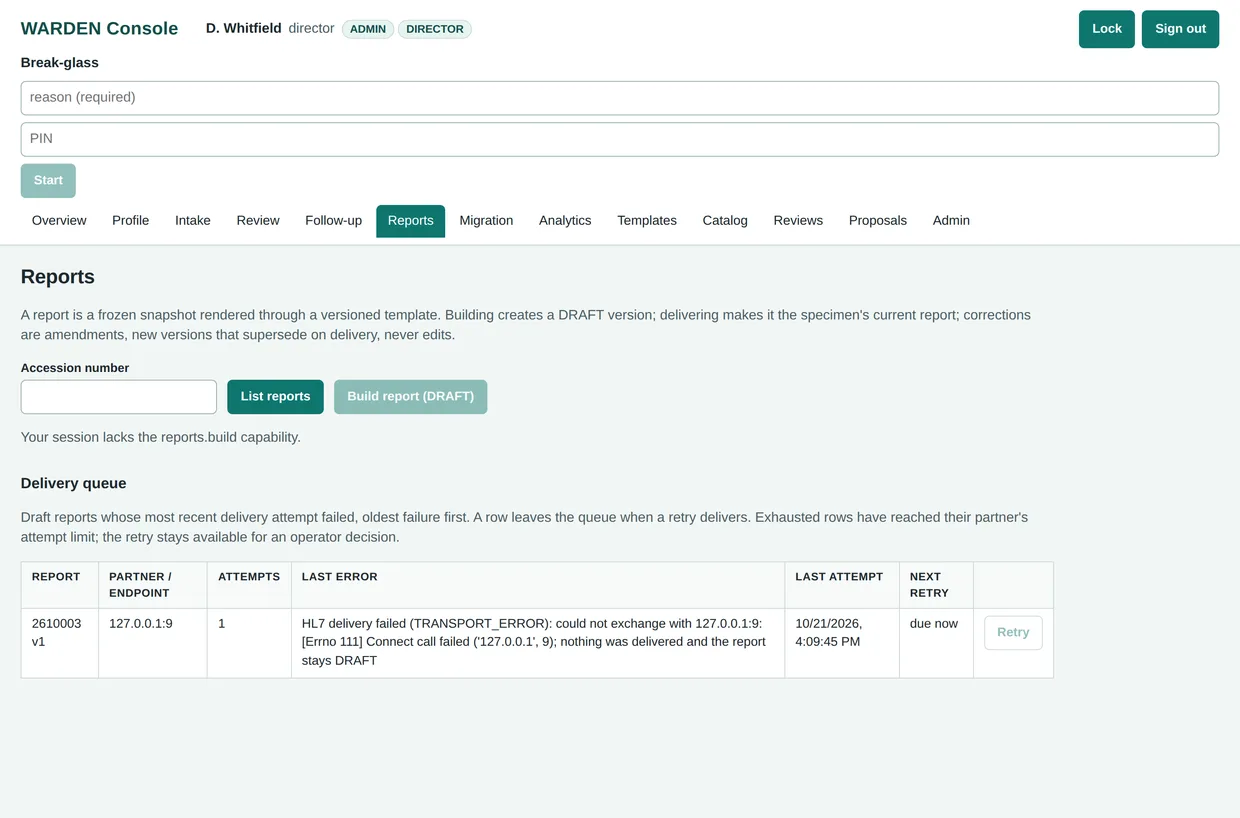 WARDEN reports screen showing the delivery queue with one sample report whose HL7 delivery failed, its error shown, and a retry button