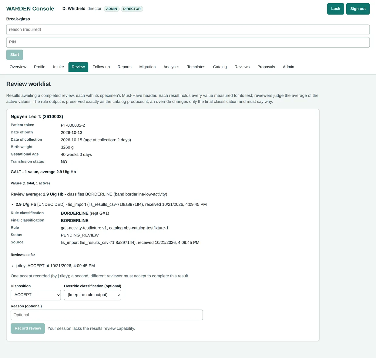 WARDEN review worklist showing a borderline GALT result for a sample specimen, with the first reviewer's accept recorded and a note that a second, different reviewer must accept to complete the result