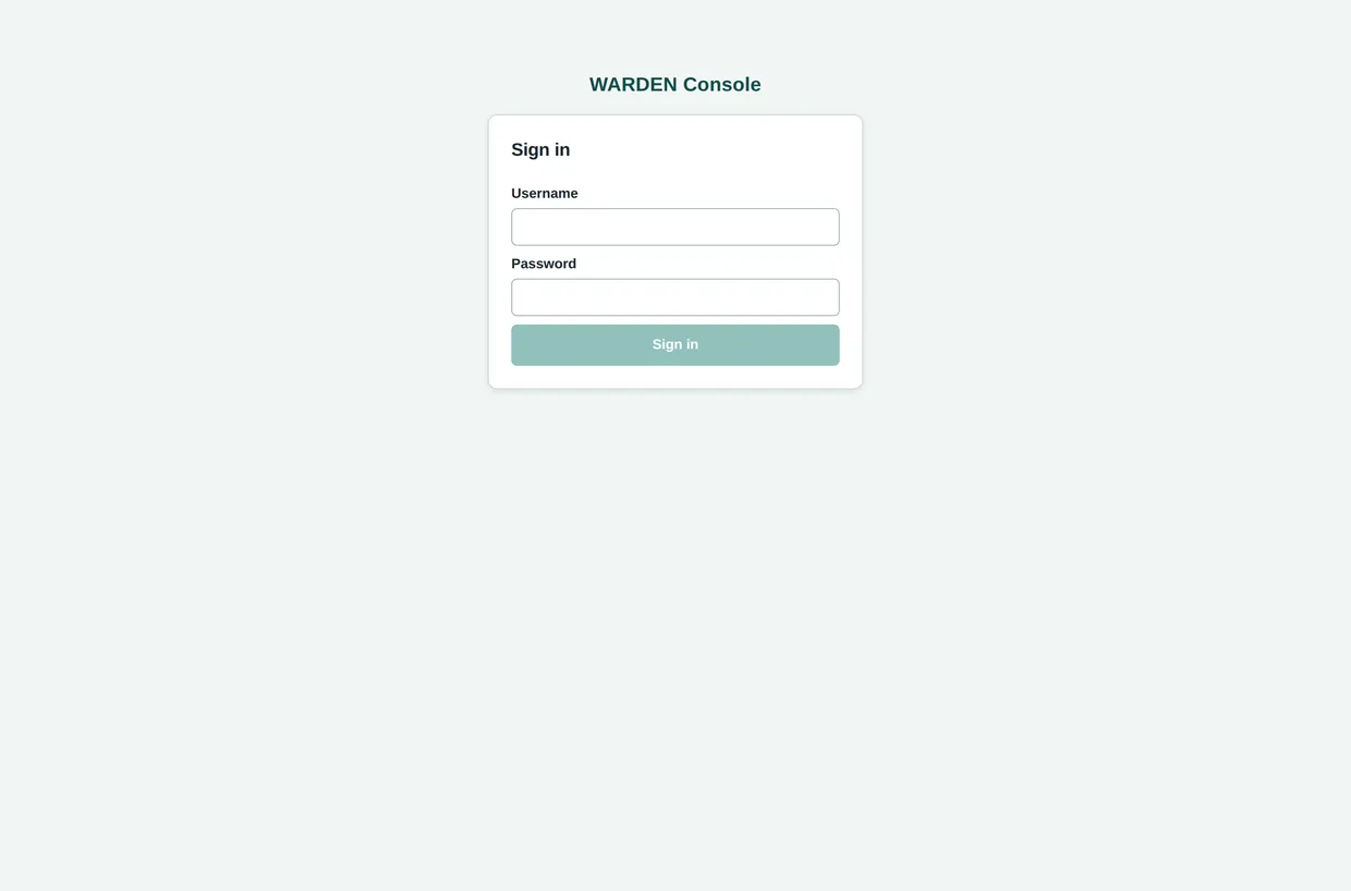WARDEN console sign-in screen with username and password fields in a centered card