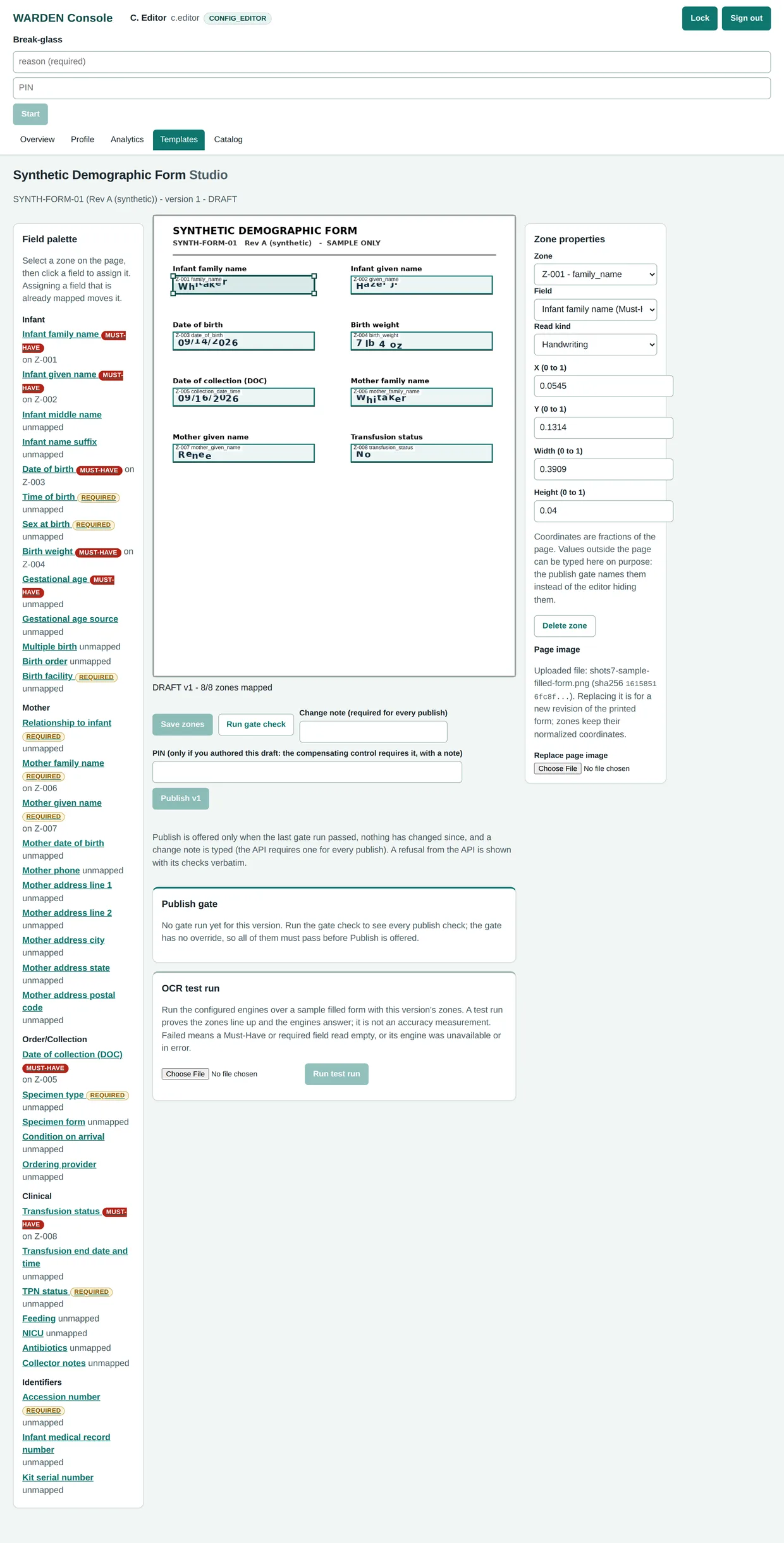 WARDEN Template Studio with a filled sample form loaded, its handwritten entries inside the zone rectangles, and the OCR test run panel below the form