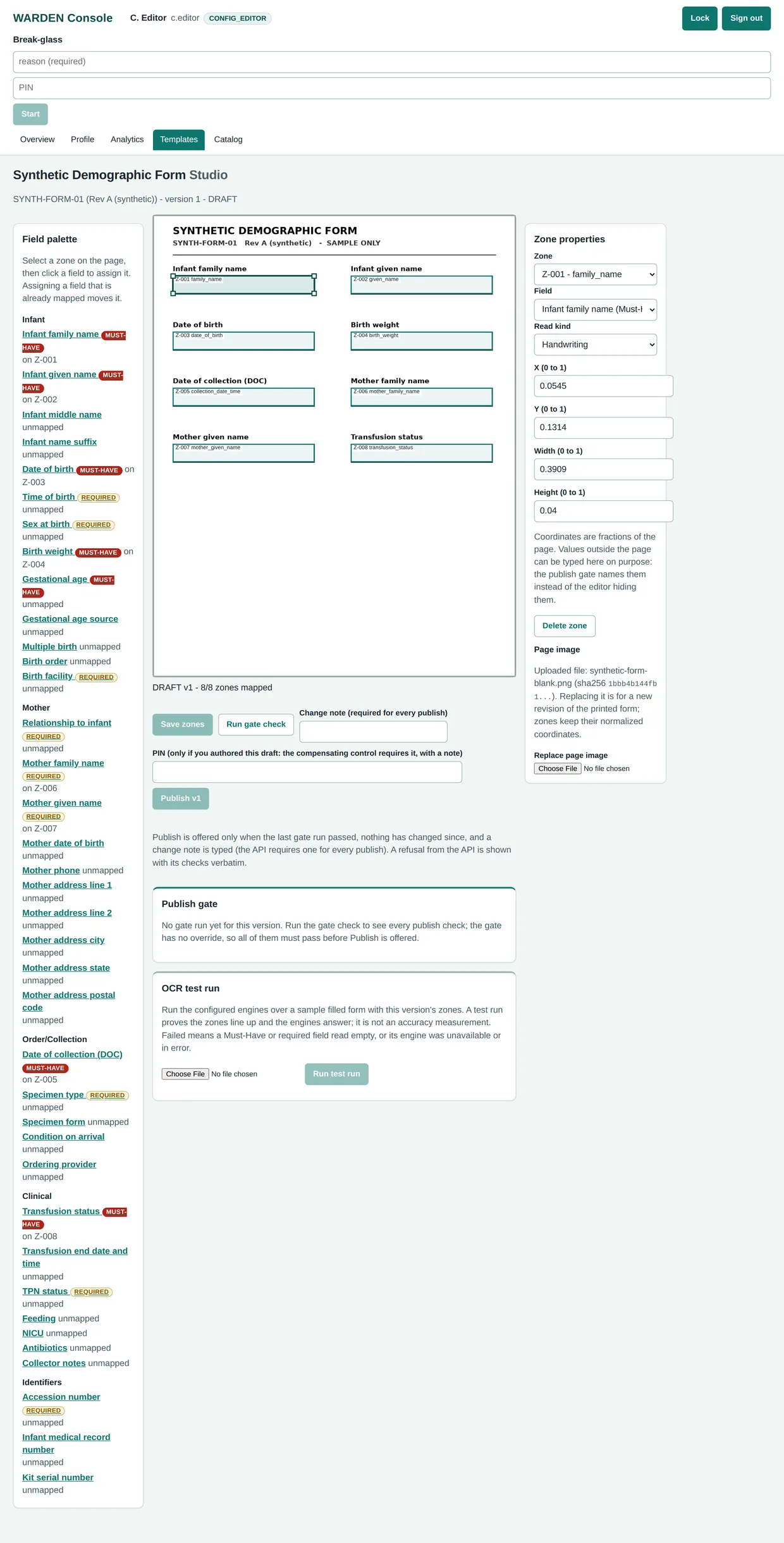 WARDEN Template Studio showing a sample form page with eight zone rectangles drawn over its entry boxes, the family name zone selected, and the zone properties panel set to the Handwriting read kind