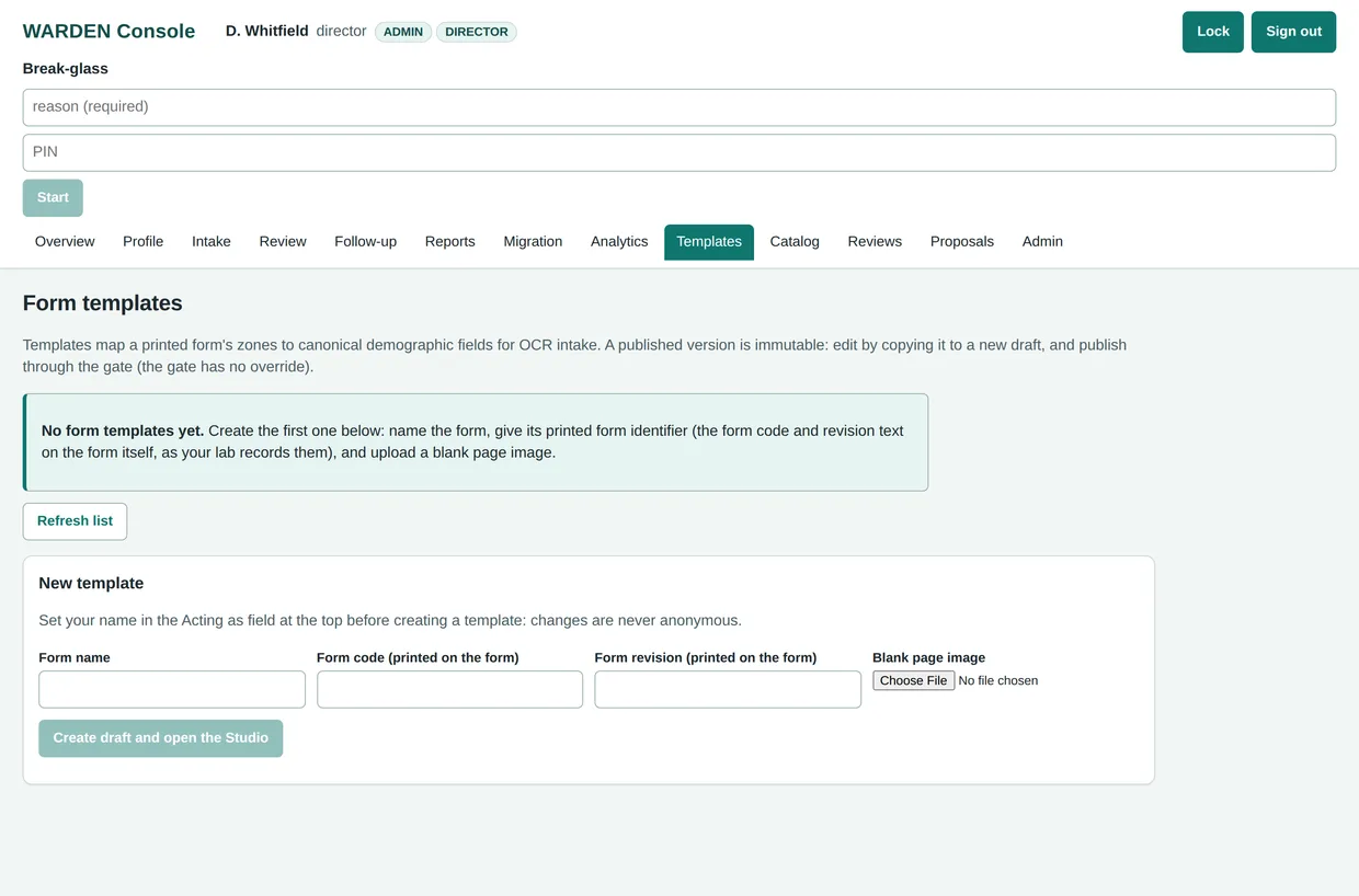 WARDEN form templates screen with the new template form, explaining that published template versions are immutable