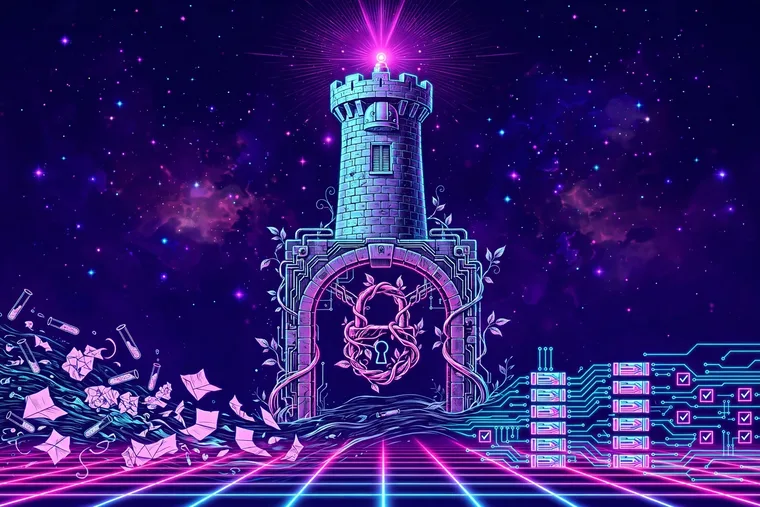Vaporwave illustration of a watchtower with a glowing beacon above a gate, papers and specimens flowing in and orderly checked data streams flowing out, in neon pink and cyan